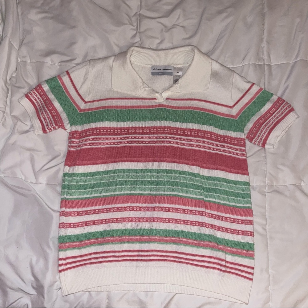 Alfred Dunner pink and Green Striped Short-Sleeved Sweater with Shoulder Pads